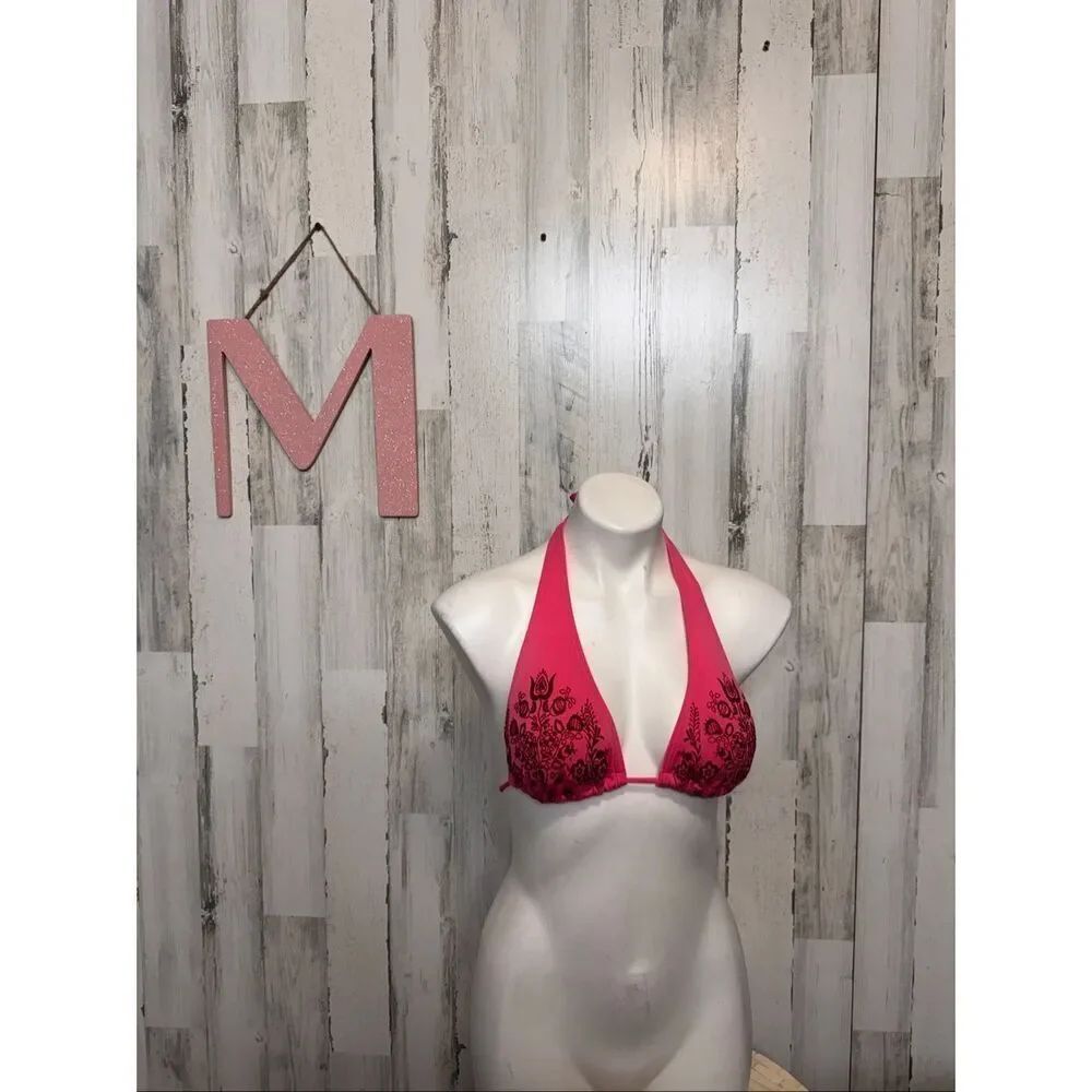 Pink Bikini Top Medium Black Floral Print Triangle Halter Tie Back Swim